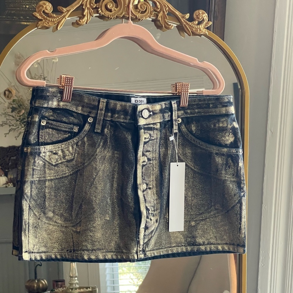 EB Denim NWT Metallic Light Gold Foiled Dark Denim Miniskirt